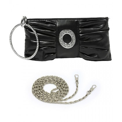 Evening Bag - 12 PCS - Pleated PU Leather w/ Rhinestone Loop Wristlet - Black - BG-7070M-BK